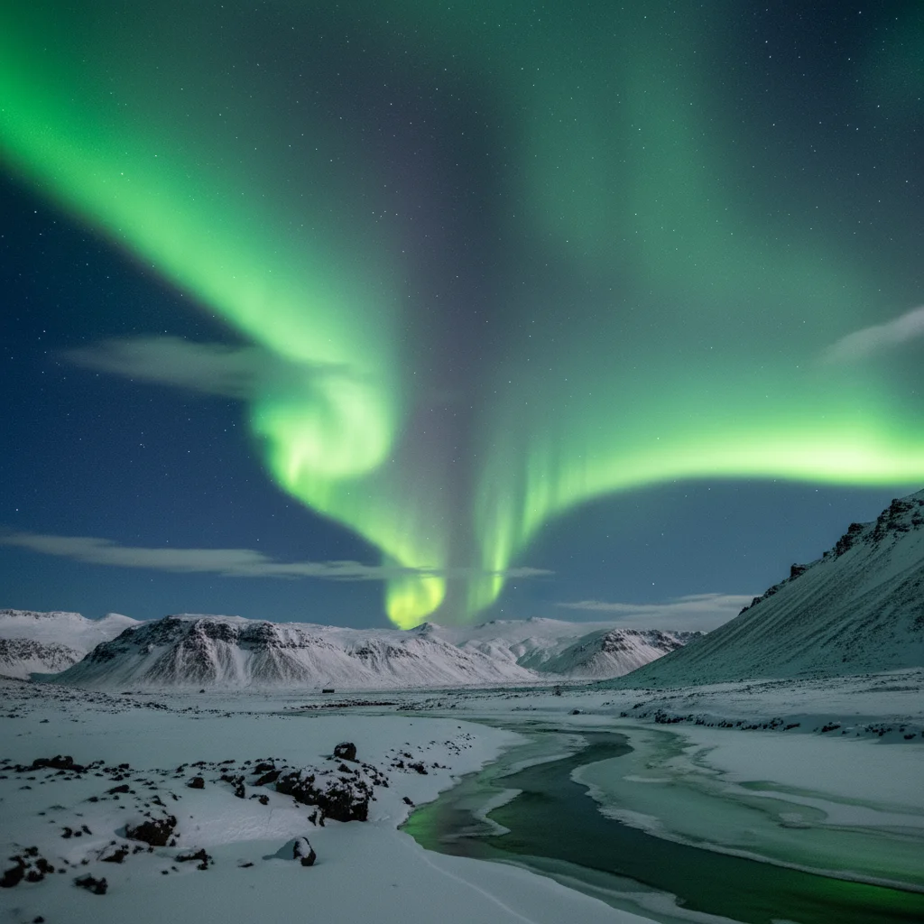 Leuchtend grüne Nordlichter über einer verschneiten isländischen Landschaft