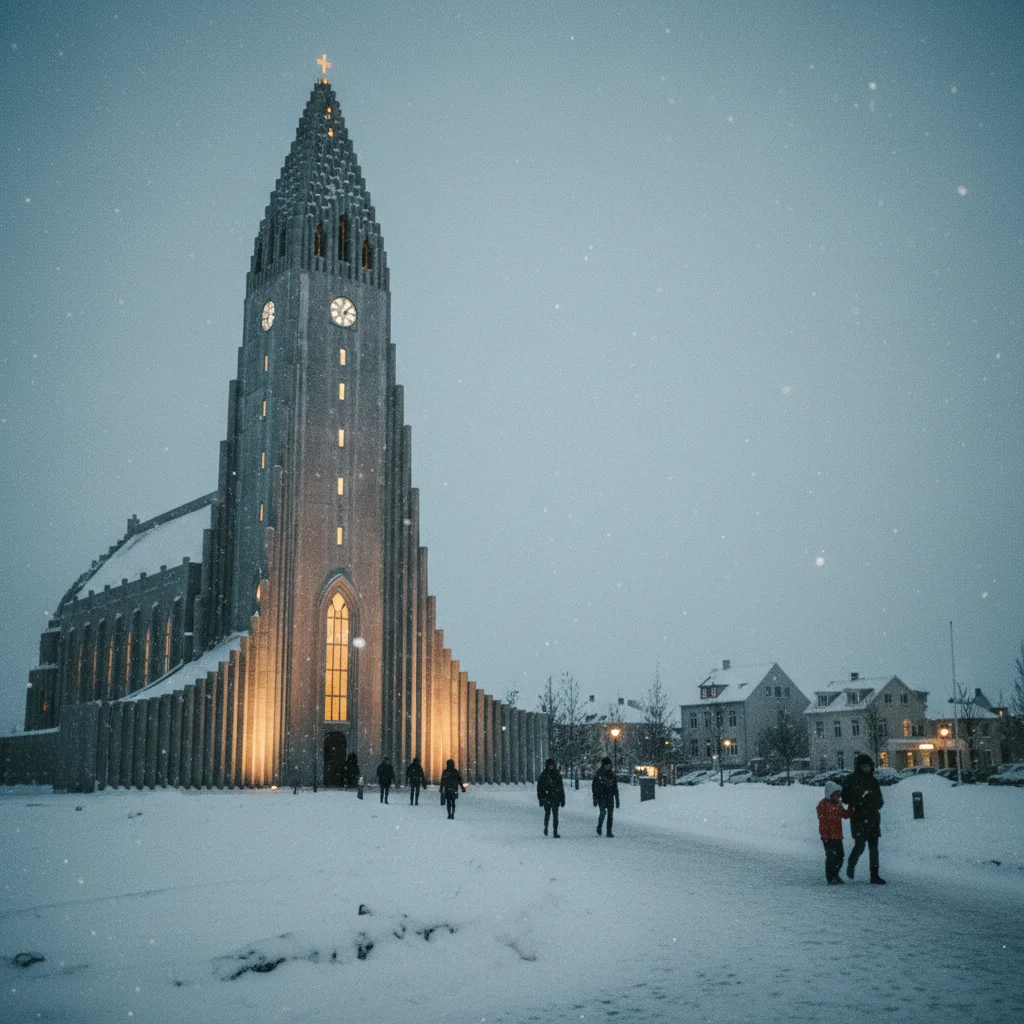 Die beleuchtete Hallgrímskirkja in Reykjavík an einem verschneiten Winterabend