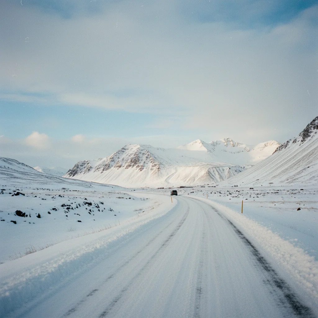 Eine verschneite Straße in Island führt durch eine weite weiße Winterlandschaft mit Bergen
