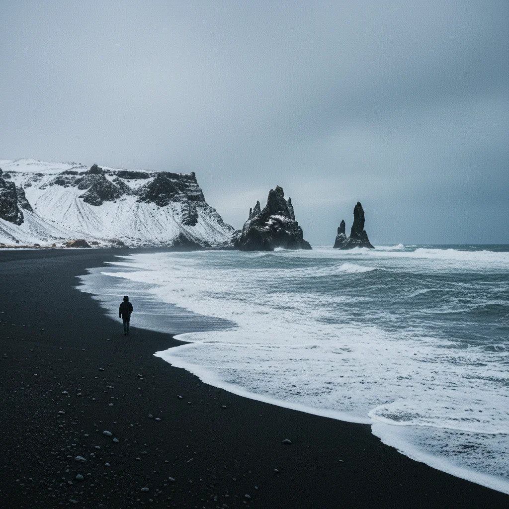 Der schwarze Strand von Vík mit Schnee auf den umliegenden Klippen und stürmischer Brandung