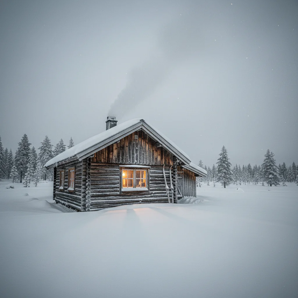 Verschneite Holzhütte in Lappland mit Rauch aus dem Schornstein