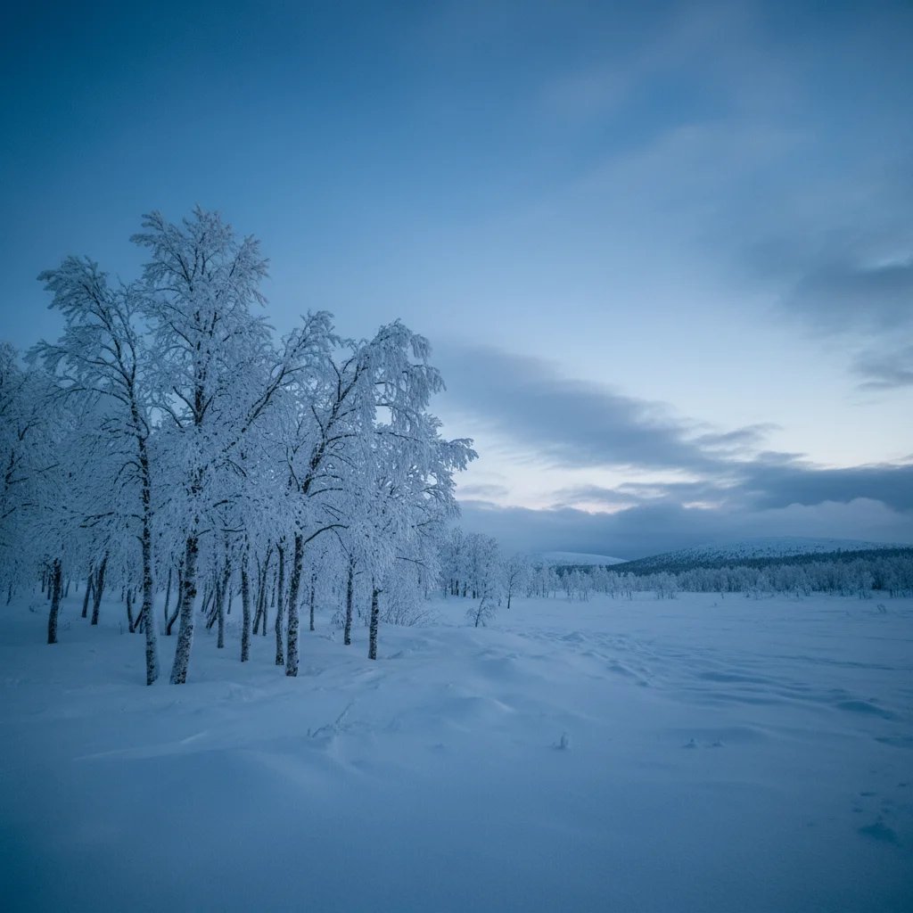 Verschneite Winterlandschaft in Lappland mit Birken und blauem Dämmerlicht