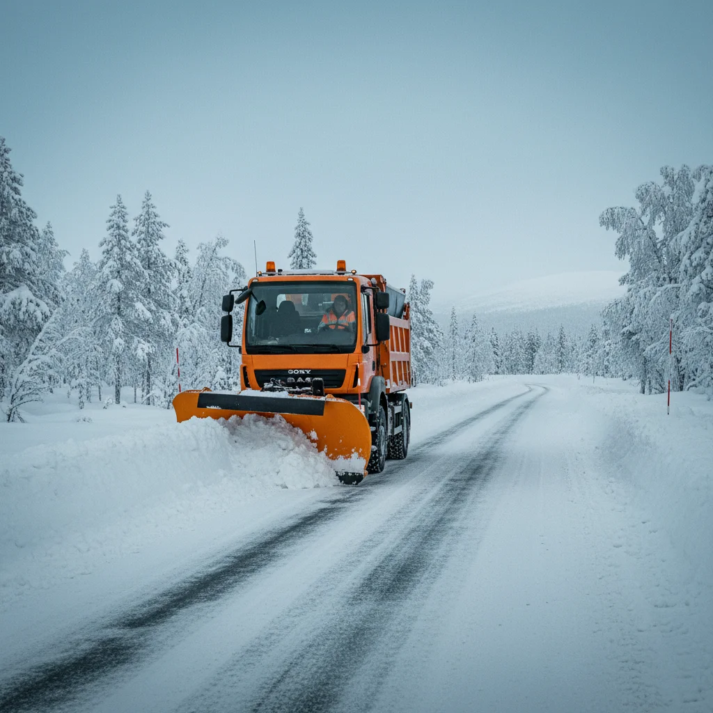 Verschneite Straße in Lappland im Winter mit Schneepflug