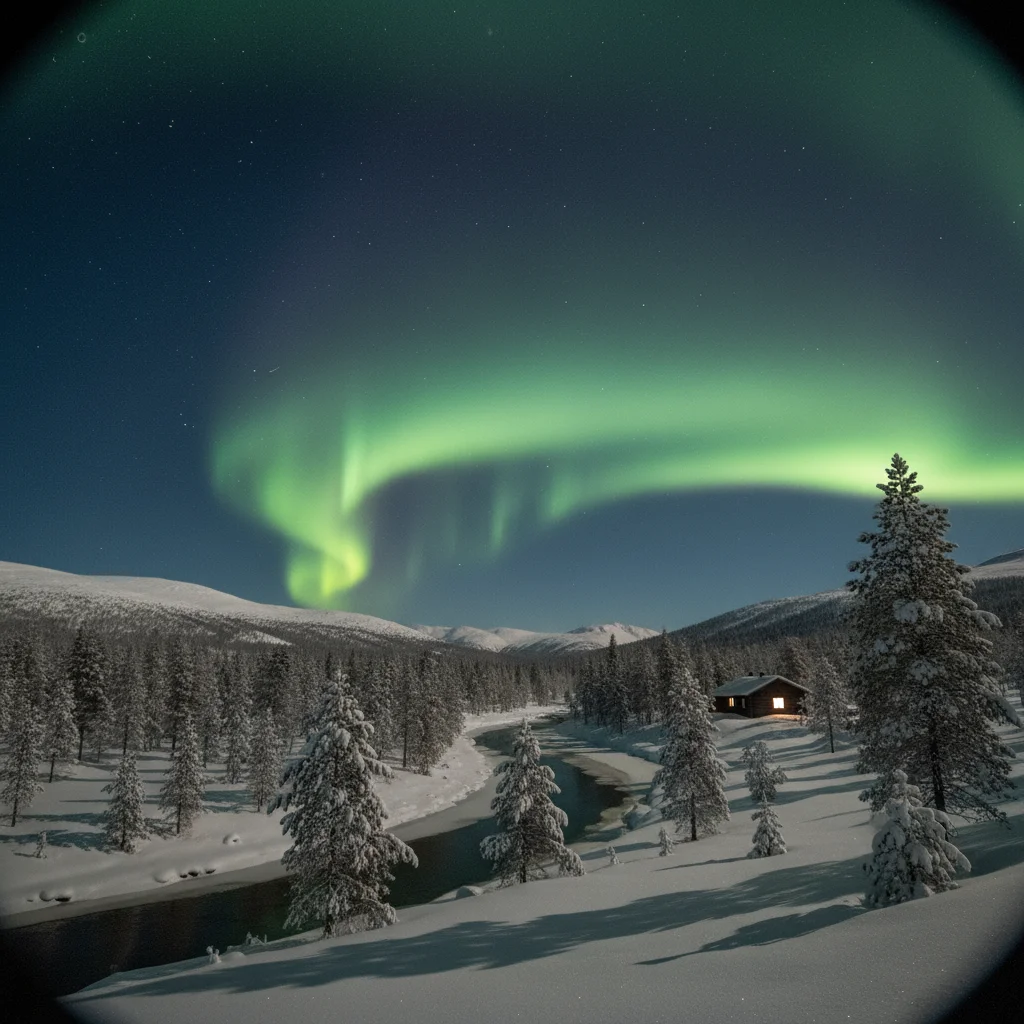 Grüne Nordlichter über einer verschneiten Landschaft in Nordschweden