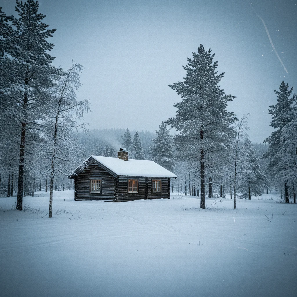 Gemütliche Winterhütte in Norwegen mit Kerzenlicht und Schnee