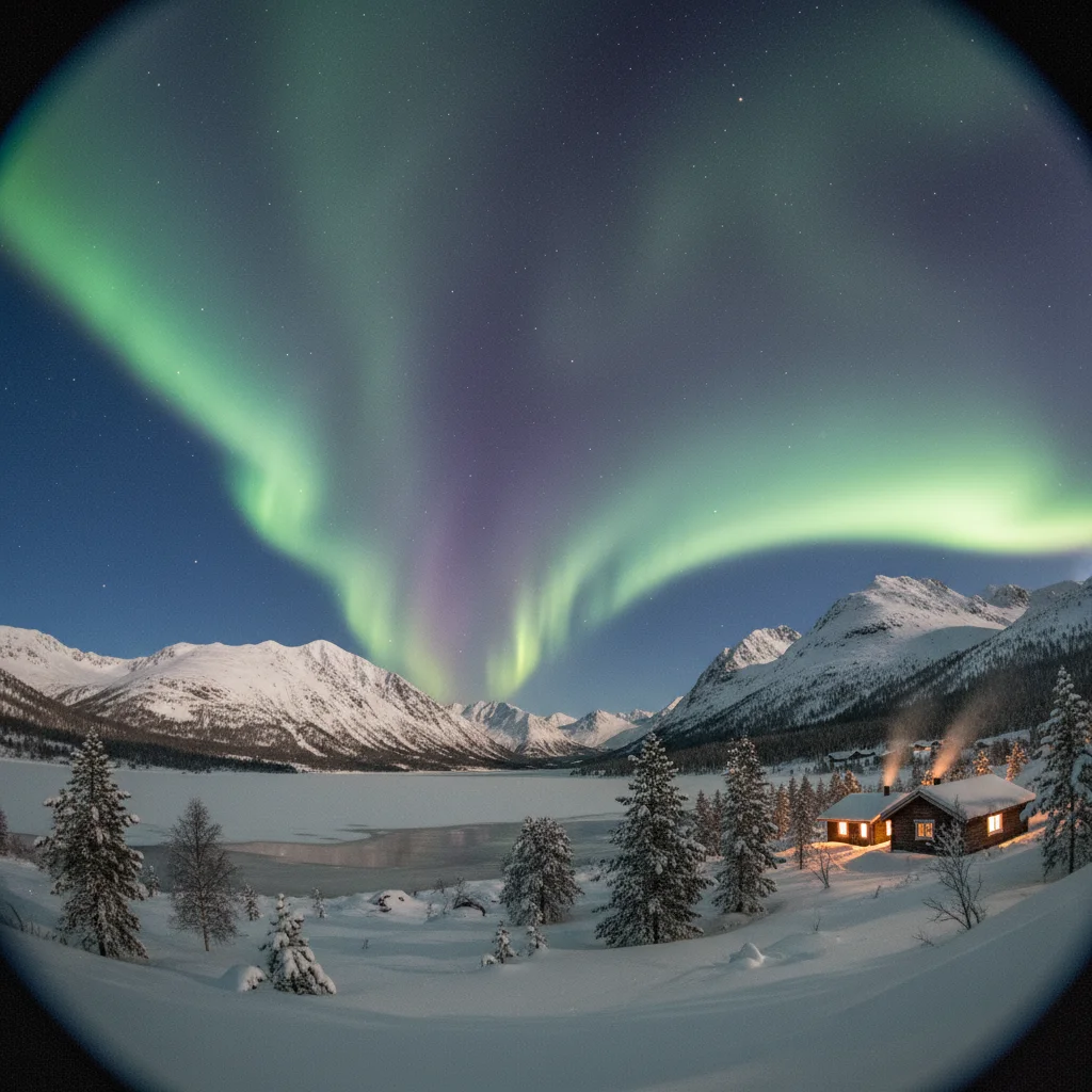 Nordlichter über der verschneiten Landschaft Nordnorwegens