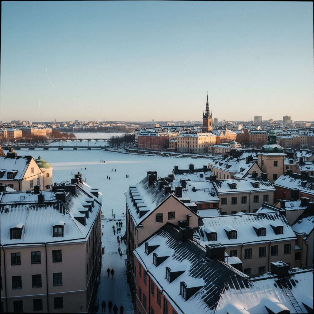 Verschneites Stockholm mit Blick auf Gamla Stan und das Wasser