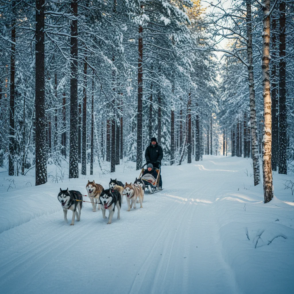 Hundeschlittenteam fährt durch verschneiten Wald in Lappland