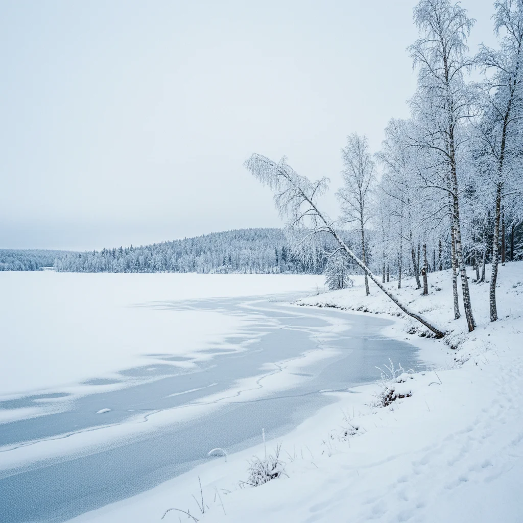 Verschneite Winterlandschaft in Skandinavien mit Birken und zugefrorenen See