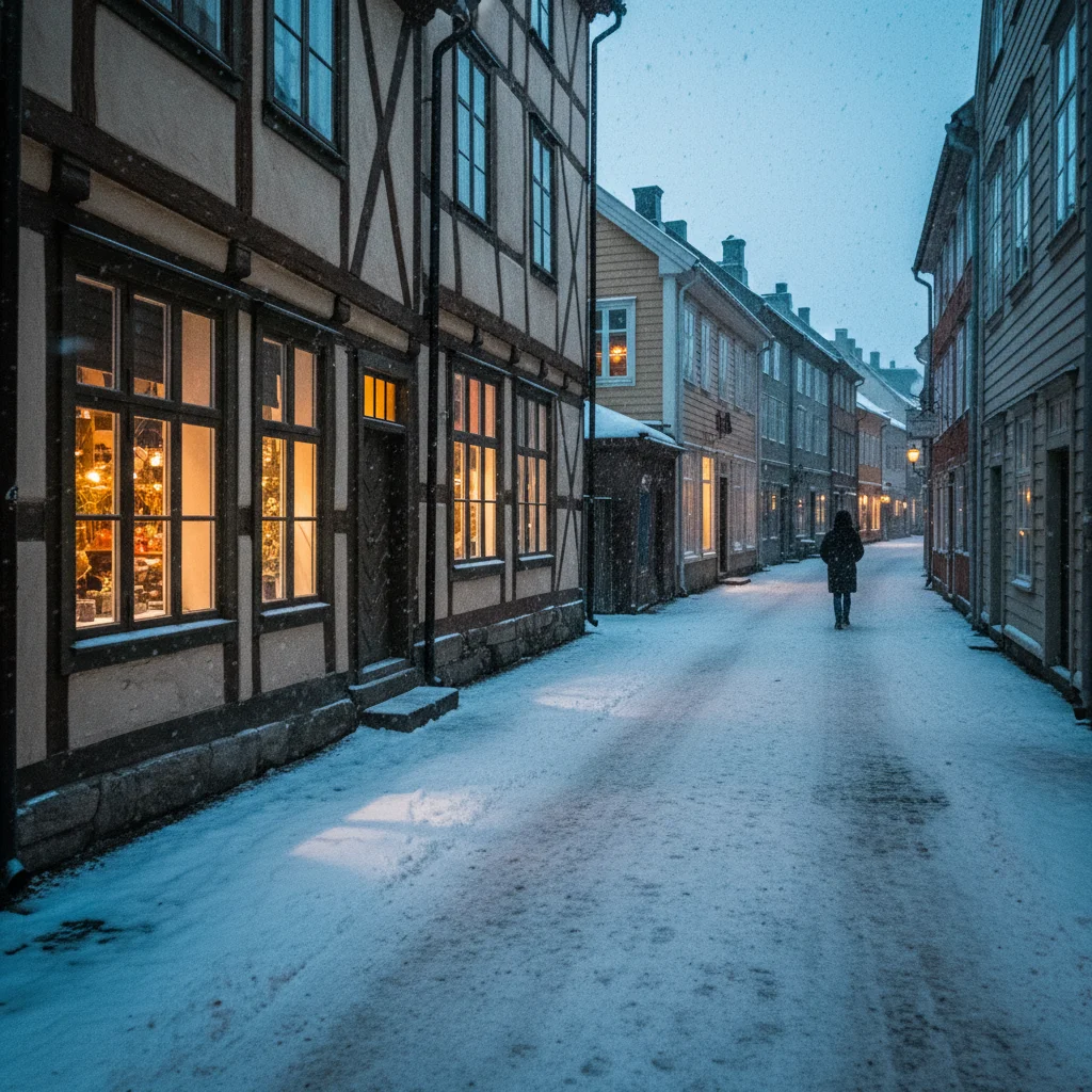 Verschneite skandinavische Altstadt mit beleuchteten Fenstern im Winter