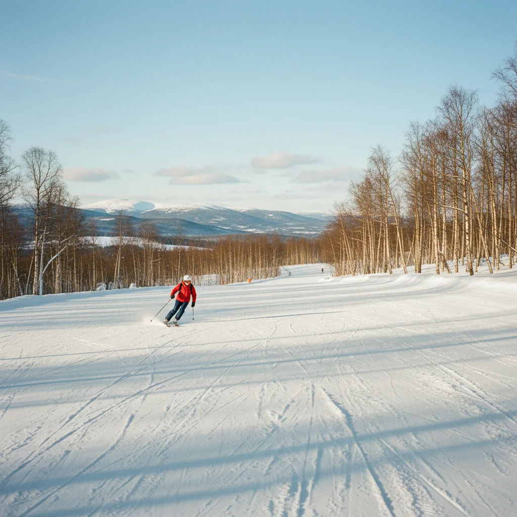 Skifahrer auf einer breiten Piste in einem skandinavischen Skigebiet mit Birkenwald
