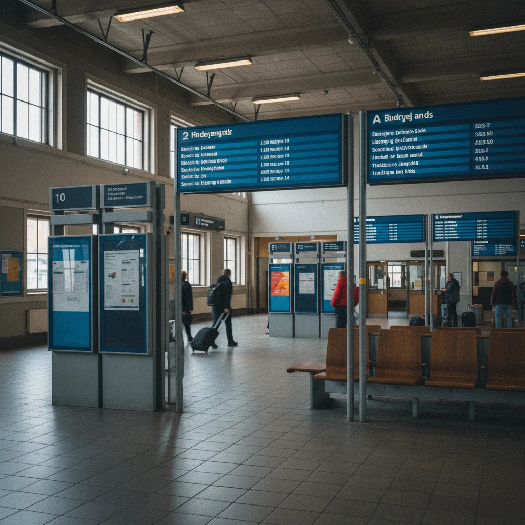 Informationsschilder in einer skandinavischen Bahnhofshalle mit zweisprachiger Beschriftung