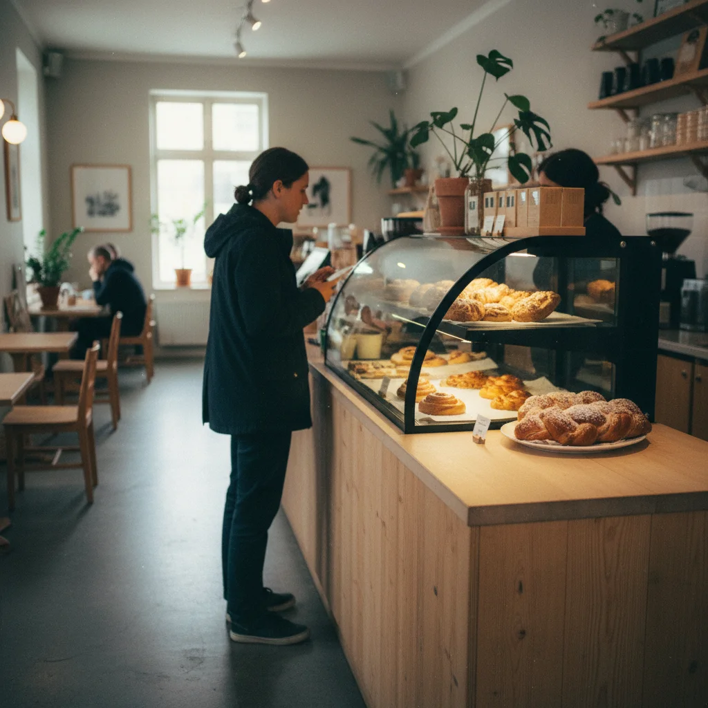 Gast bestellt am Tresen eines skandinavischen Cafés mit Gebäck in der Vitrine