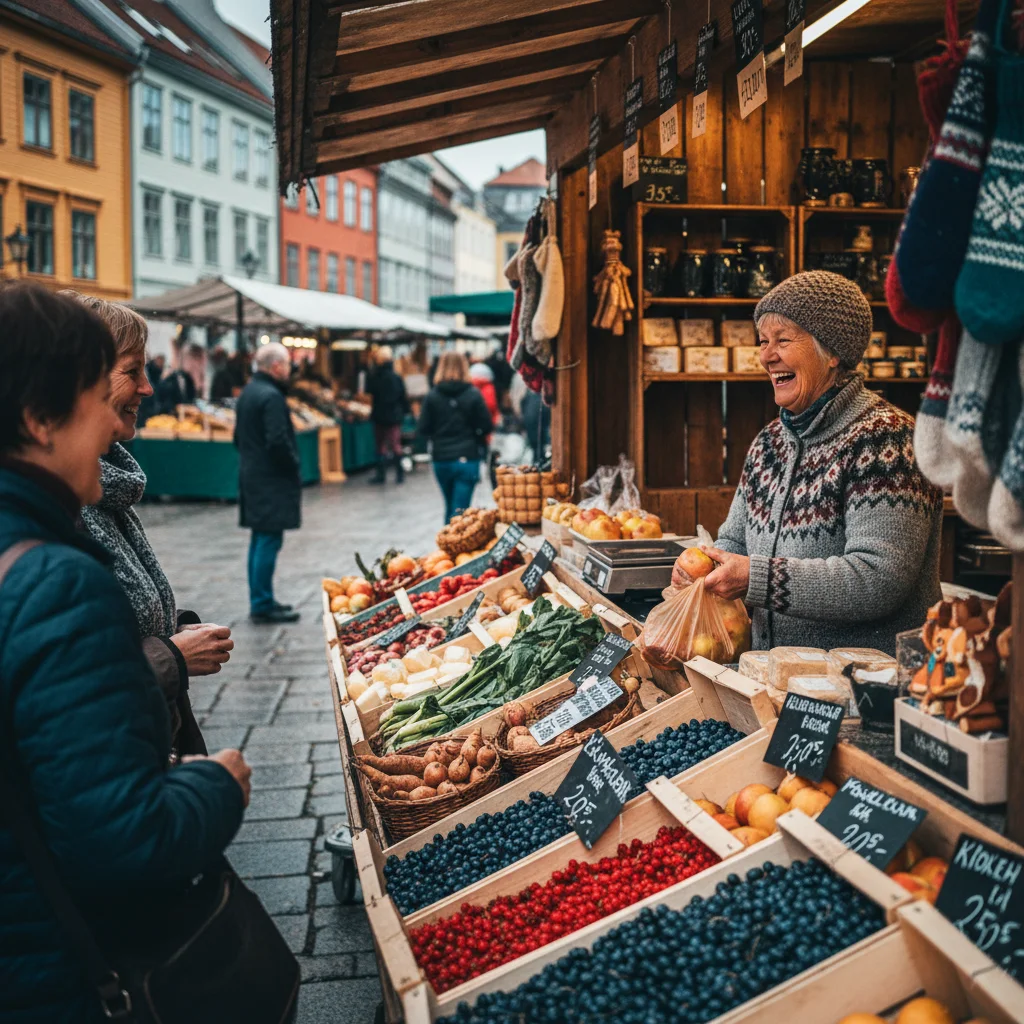Marktstand in einer skandinavischen Stadt mit handgeschriebenen Preisschildern in Landessprache