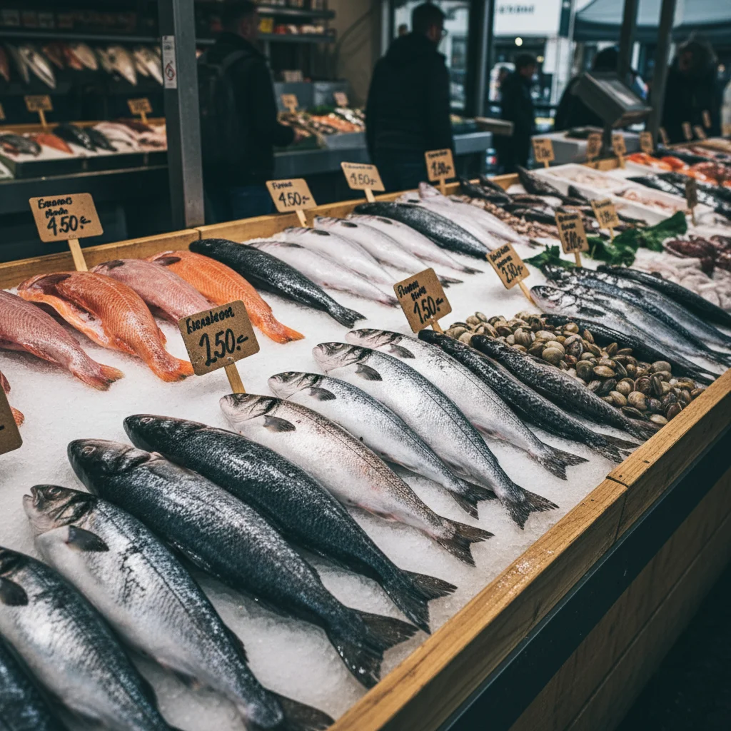 Preisschilder an frischem Fisch auf einem nordischen Markt mit Zahlen und Landessprache