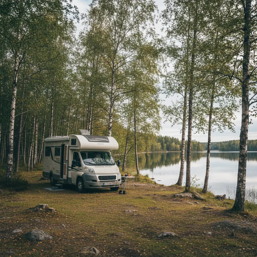 Wohnmobil an einem finnischen See umgeben von Birkenwäldern