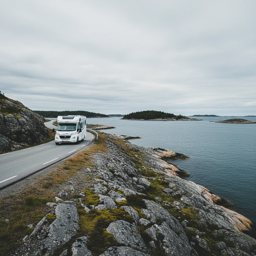 Wohnmobil auf einer Küstenstraße in Skandinavien
