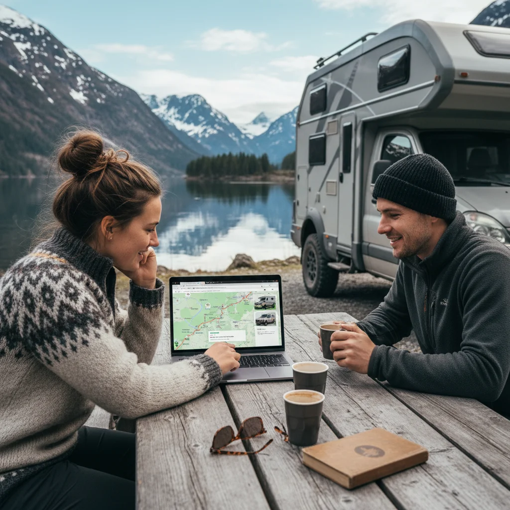 Paar bucht ein Wohnmobil am Laptop für die Skandinavienreise