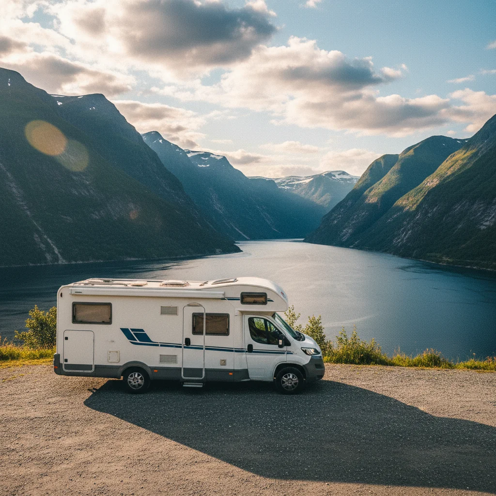 Gemietetes Wohnmobil an einem norwegischen Fjord geparkt
