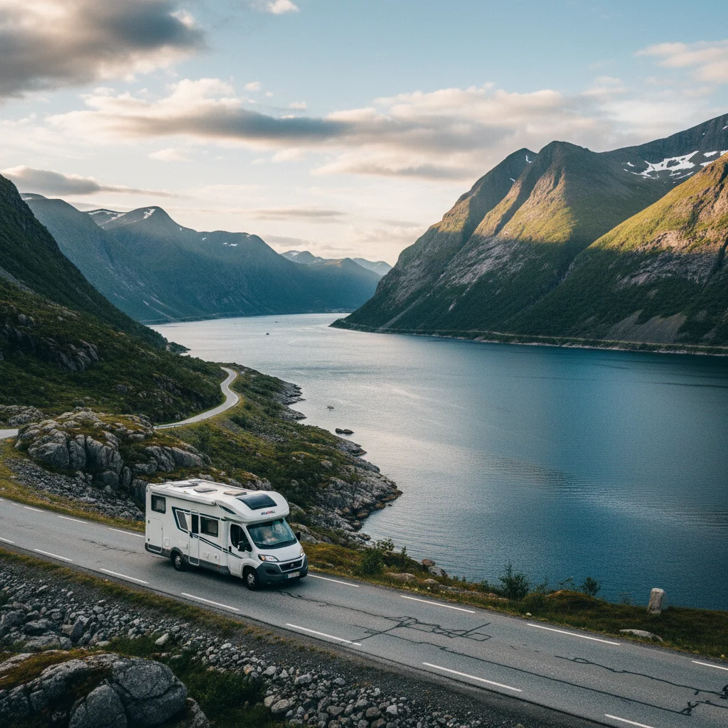 Wohnmobil auf einer norwegischen Küstenstraße mit Blick auf Fjorde