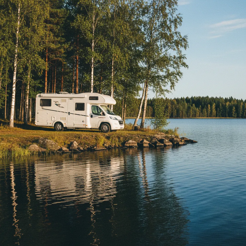 Wohnmobil am Ufer eines finnischen Sees umgeben von Birkenwald