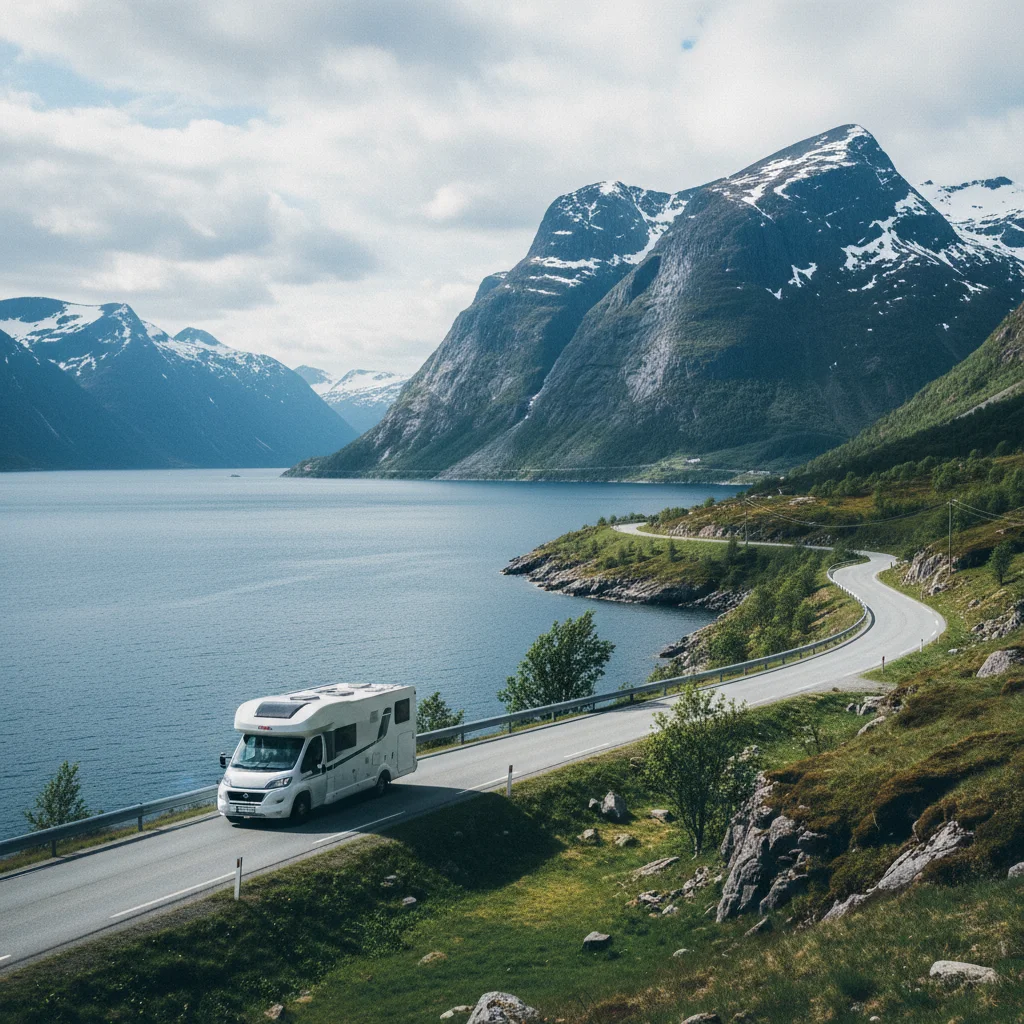Wohnmobil auf einer Küstenstraße entlang eines norwegischen Fjords mit Bergen im Hintergrund
