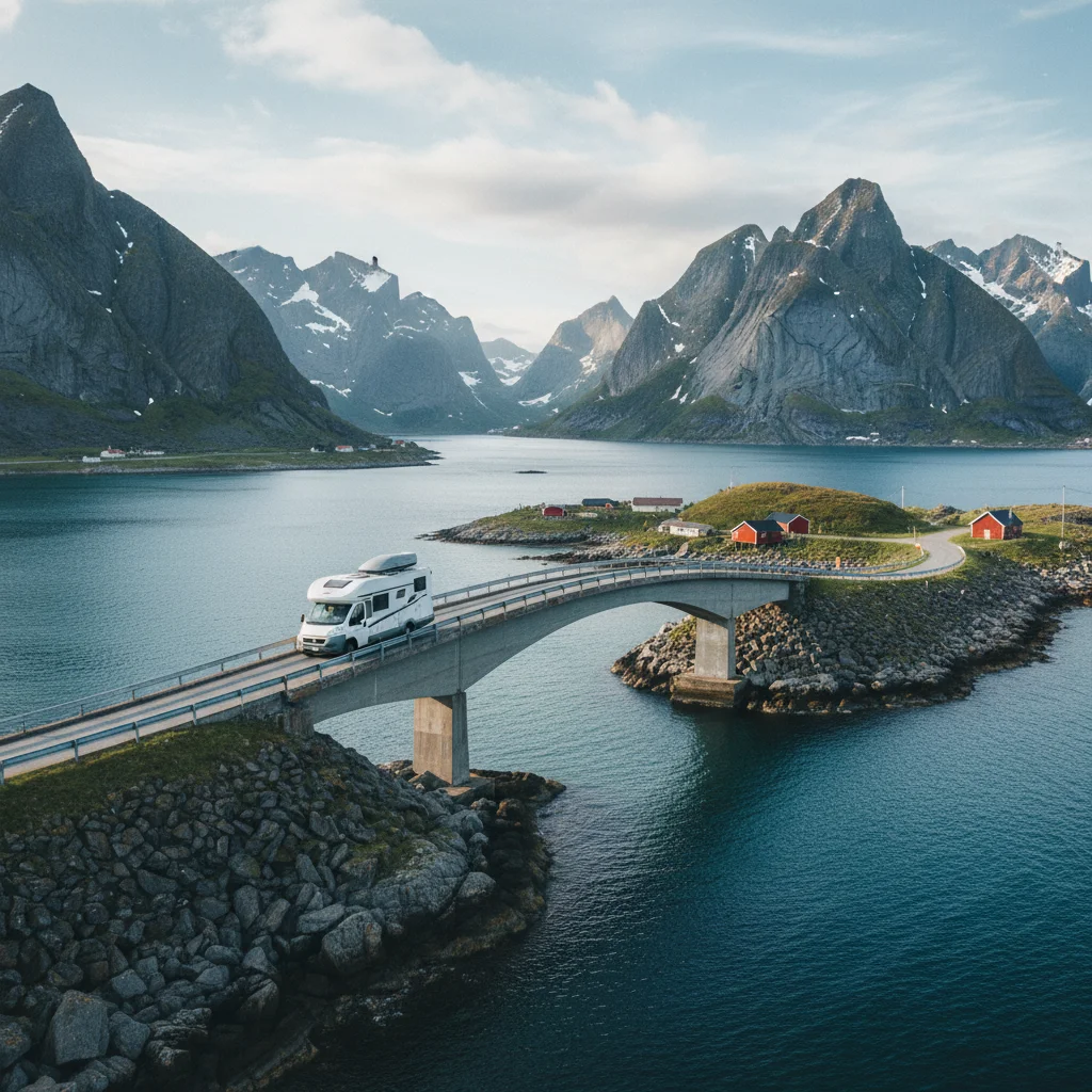 Wohnmobil auf einer Brücke auf den Lofoten mit Bergen und Meer