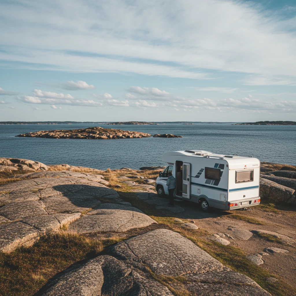 Wohnmobil an der schwedischen Westküste mit Granitfelsen und Meer