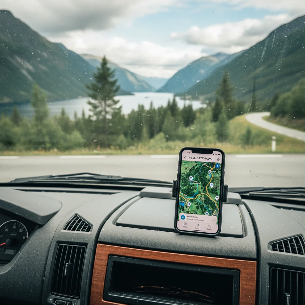 Smartphone mit Stellplatz-App auf dem Armaturenbrett eines Wohnmobils