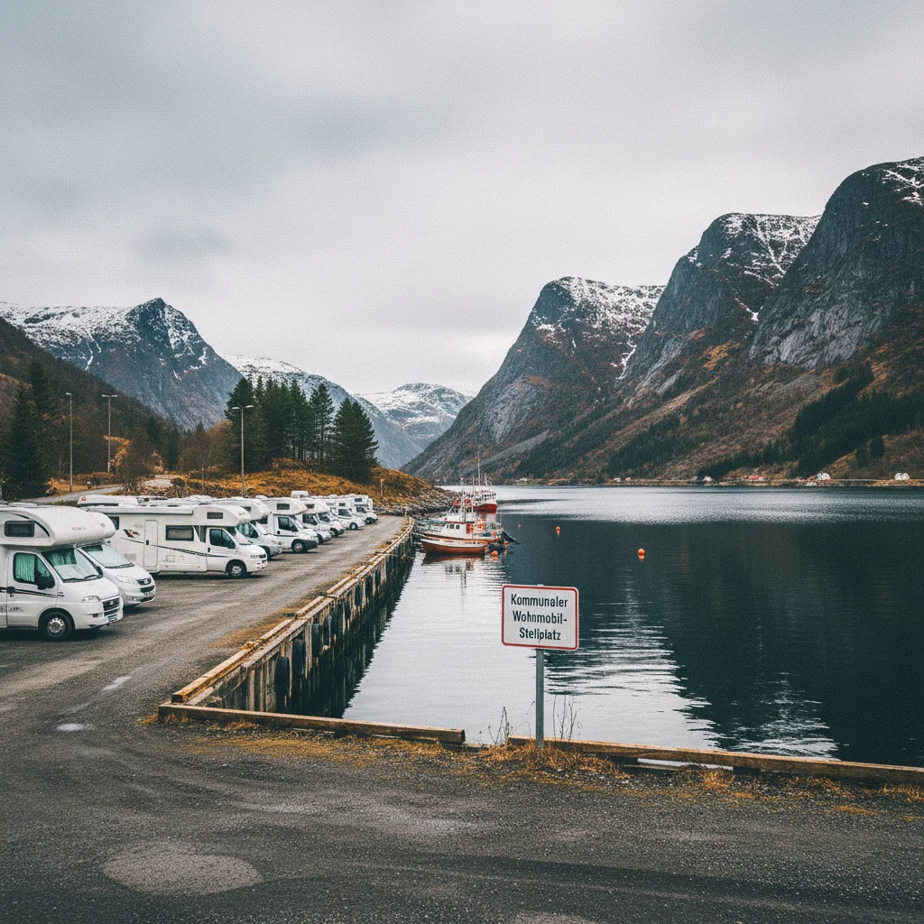 Kommunaler Wohnmobil-Stellplatz an einem norwegischen Hafen