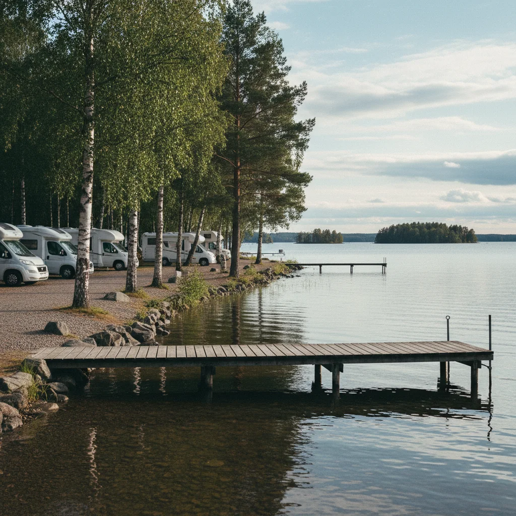 Wohnmobil-Stellplatz an einem schwedischen See mit Holzsteg