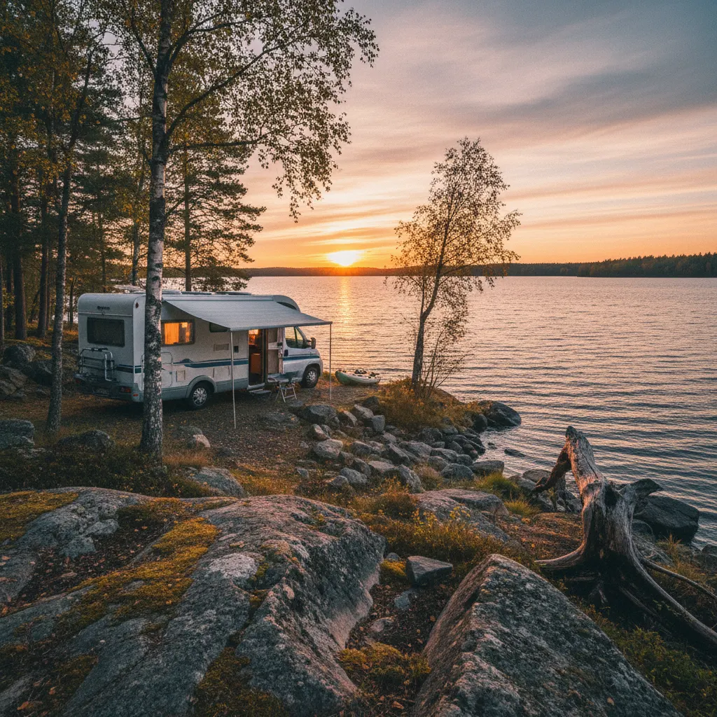 Wohnmobil am Ufer eines schwedischen Sees bei Sonnenuntergang