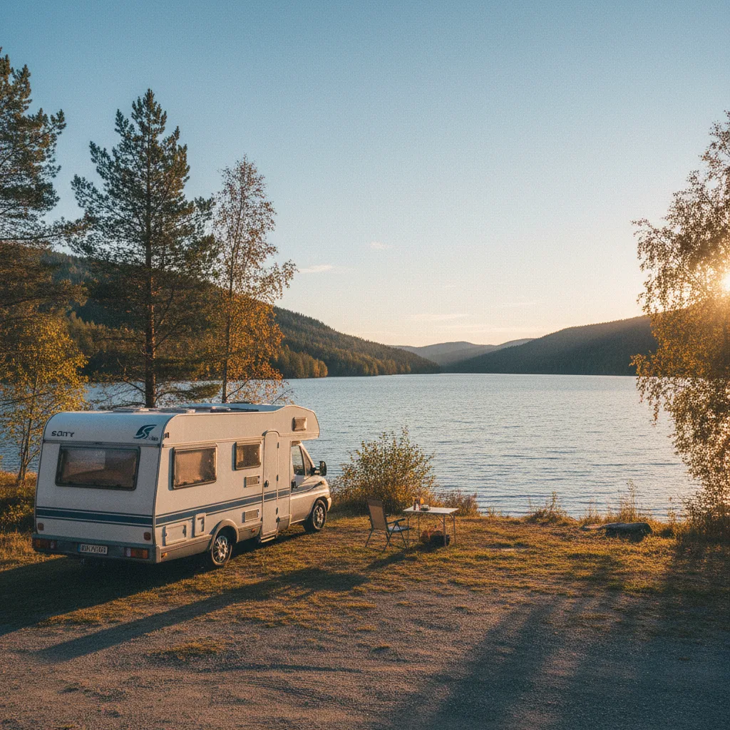 Wohnmobil geparkt an einer Haltbucht neben einem See in Skandinavien