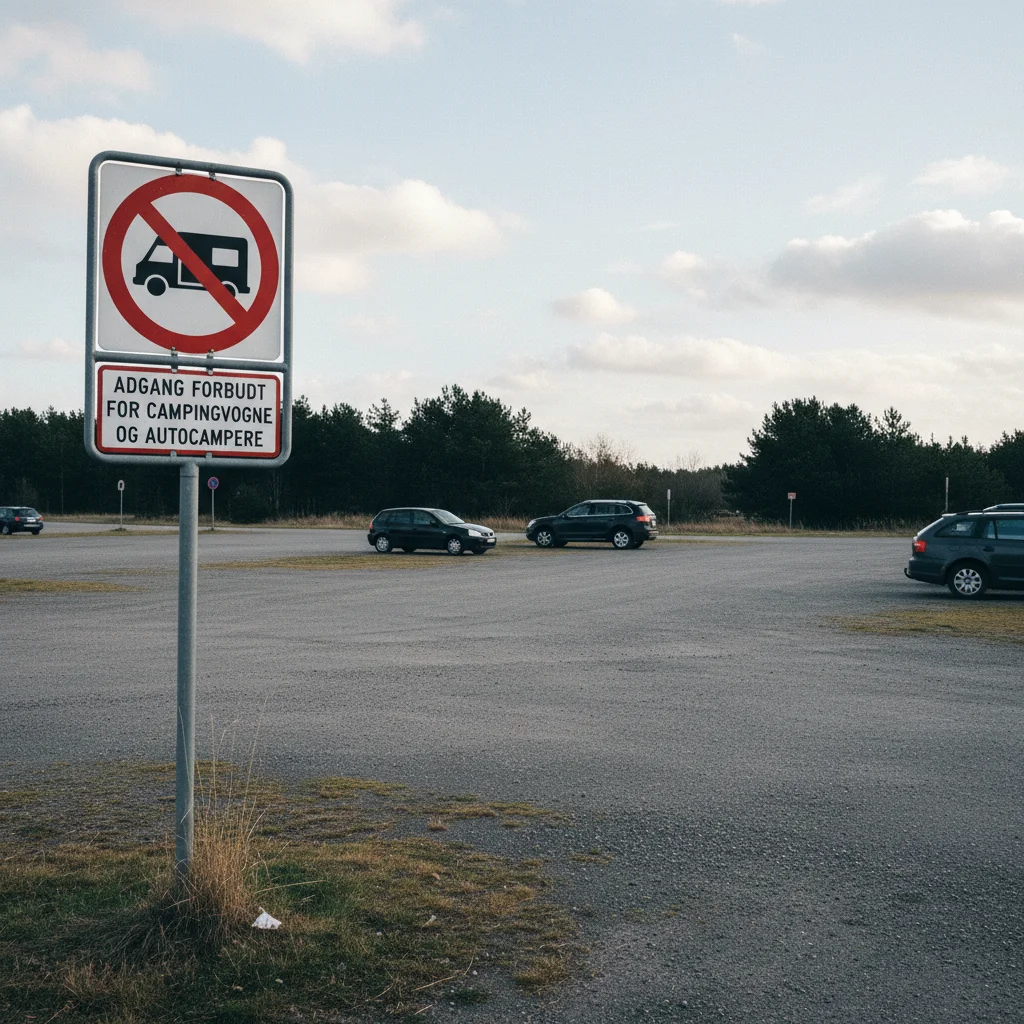 Verbotsschild für Wohnmobile an einem Parkplatz in Dänemark