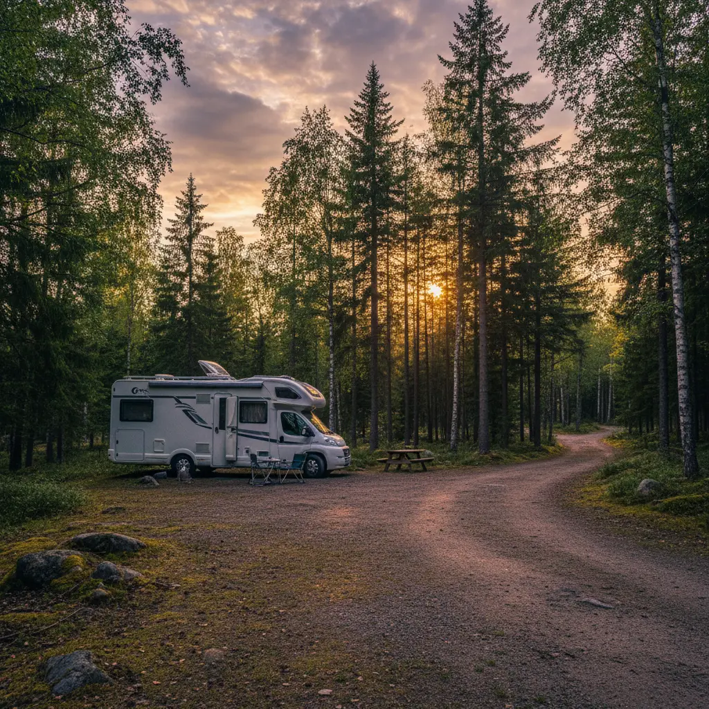 Wohnmobil auf einem Waldparkplatz in Schweden bei Sonnenuntergang