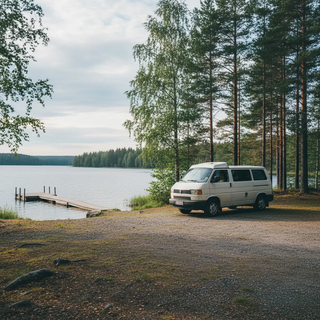 Ruhiger Stellplatz am See in Finnland mit einem einzelnen Wohnmobil