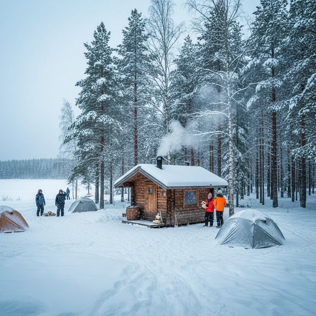Wintercampingplatz in Skandinavien mit Sauna und verschneiten Bäumen