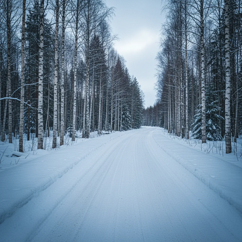Verschneite Straße durch Lappland mit Birkenwald auf beiden Seiten