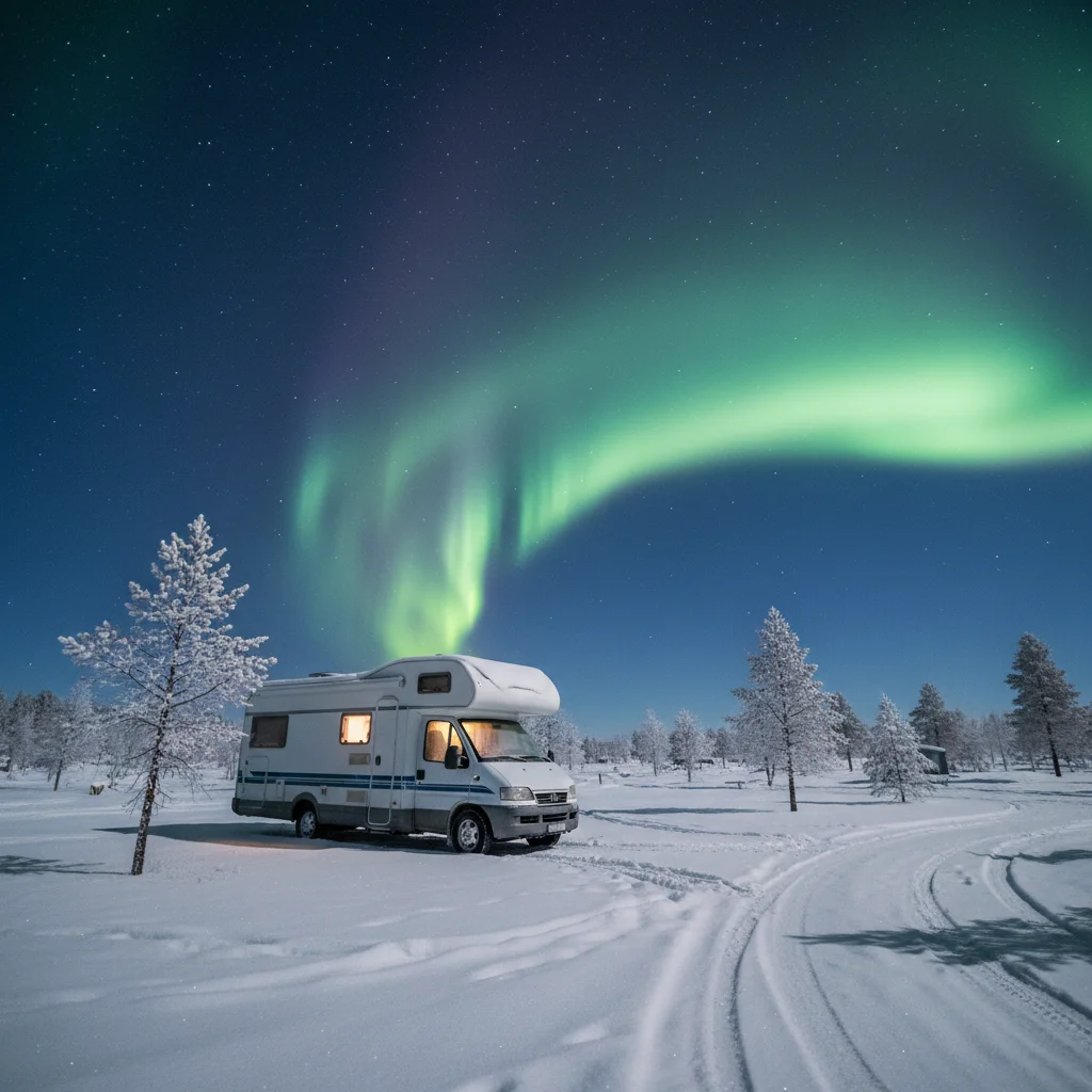 Wohnmobil auf einem verschneiten Campingplatz in Nordnorwegen mit Nordlichtern am Himmel