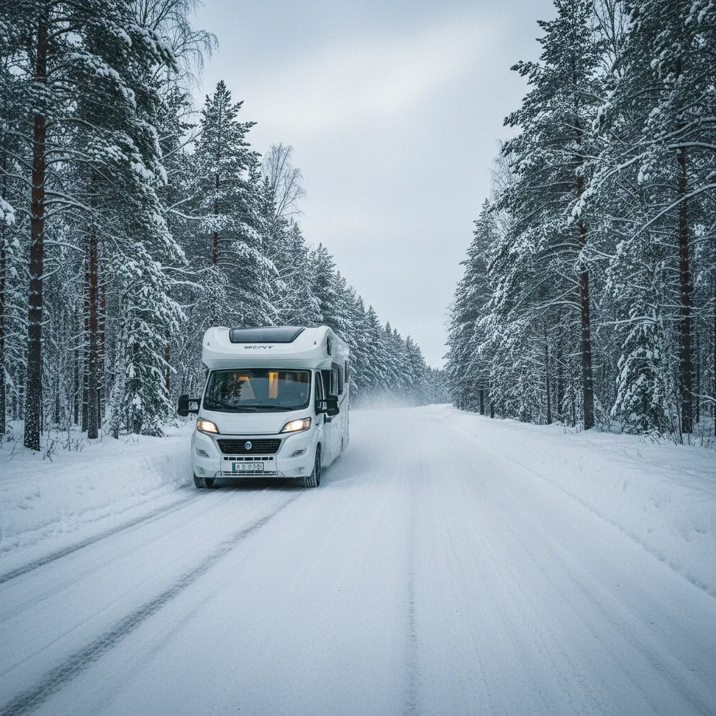 Wohnmobil auf einer verschneiten Straße in Nordskandinavien