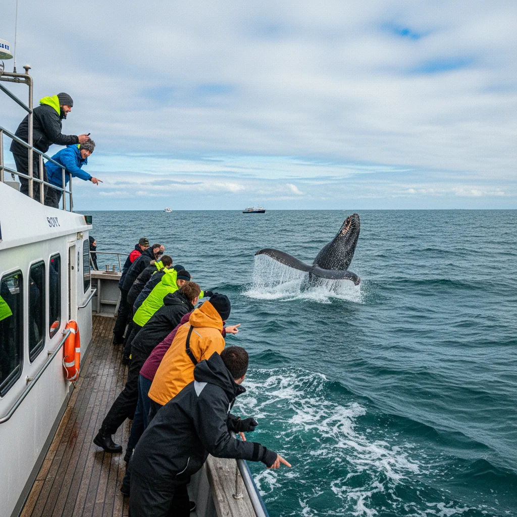 Passagiere auf einem Whale-Watching-Boot beobachten einen Wal in der Faxaflói-Bucht