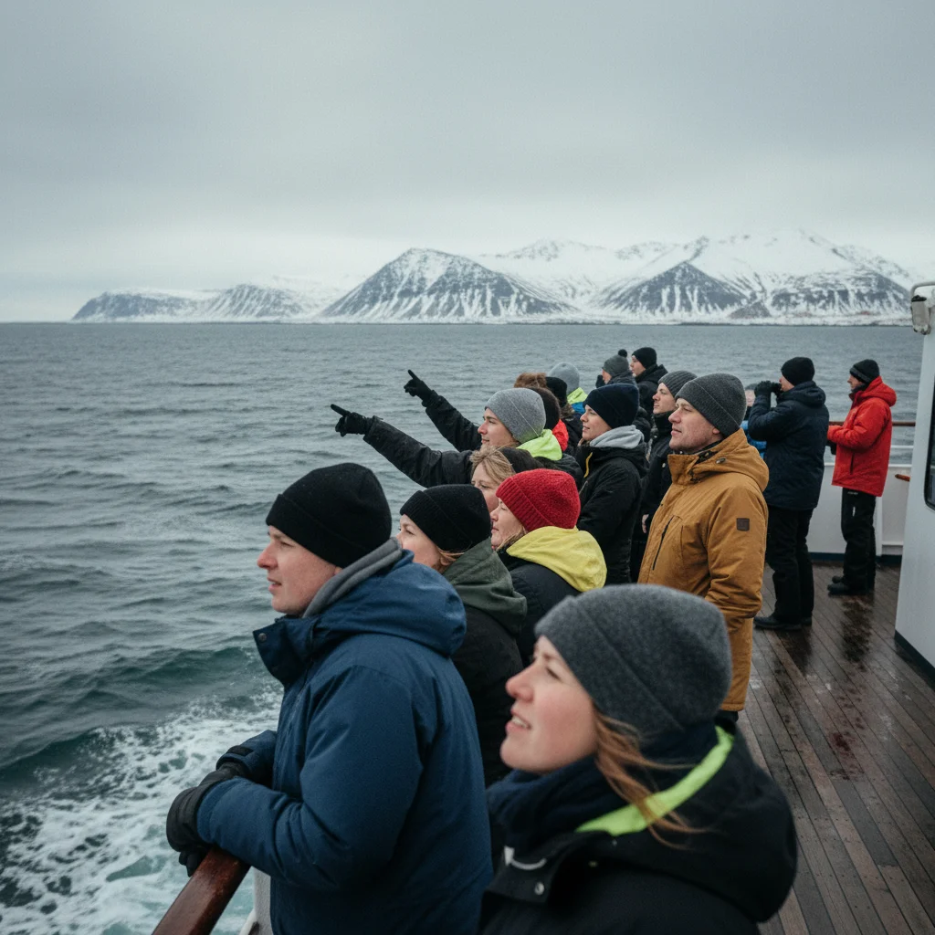 Passagiere in warmer Kleidung auf dem Oberdeck eines Whale-Watching-Boots in Reykjavík