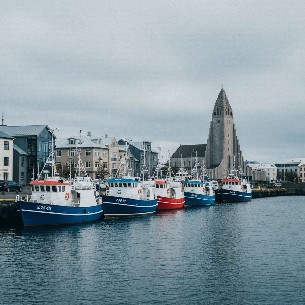 Whale-Watching-Boote am Alten Hafen von Reykjavík mit der Hallgrímskirkja im Hintergrund