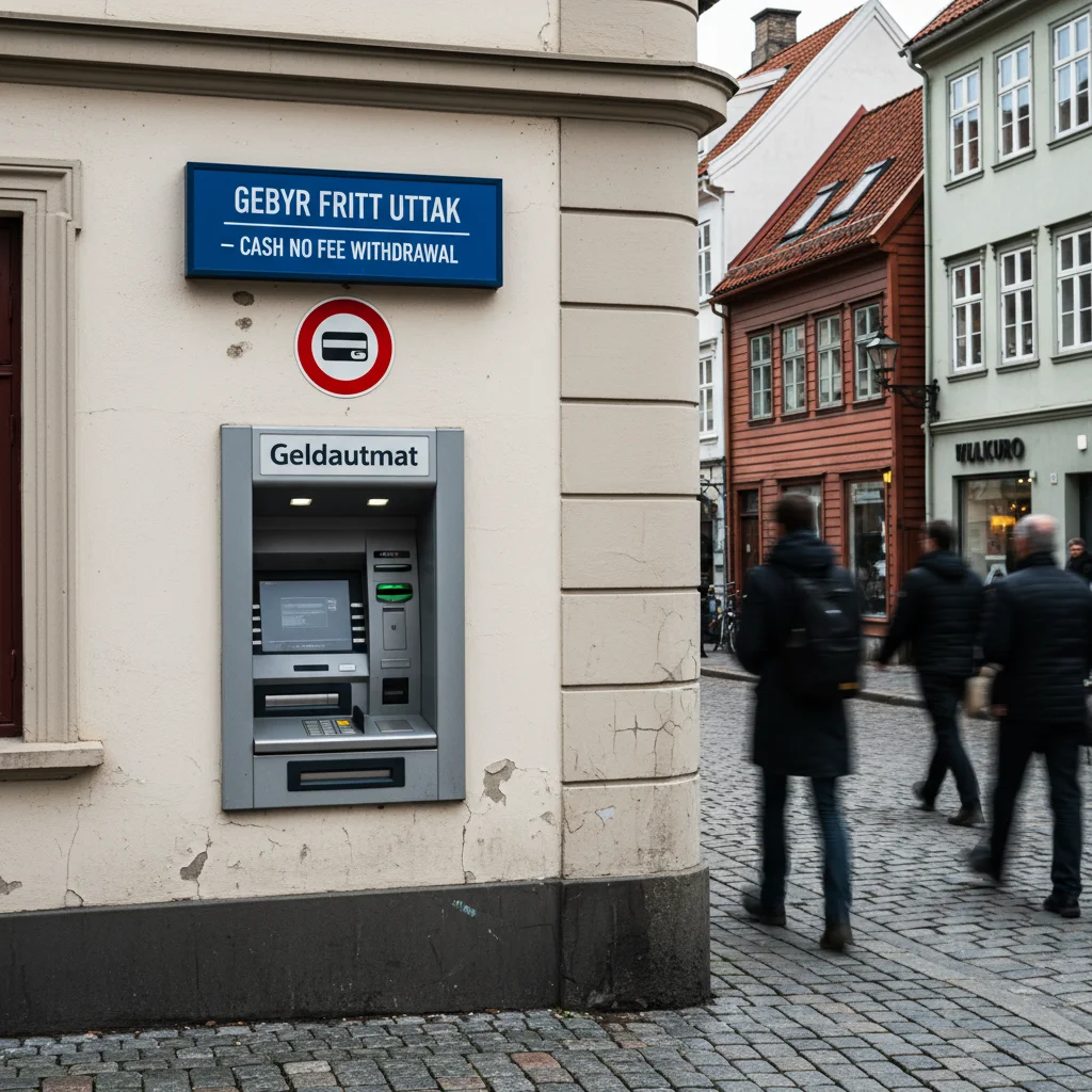 Geldautomat in einer skandinavischen Stadt mit Hinweisschild