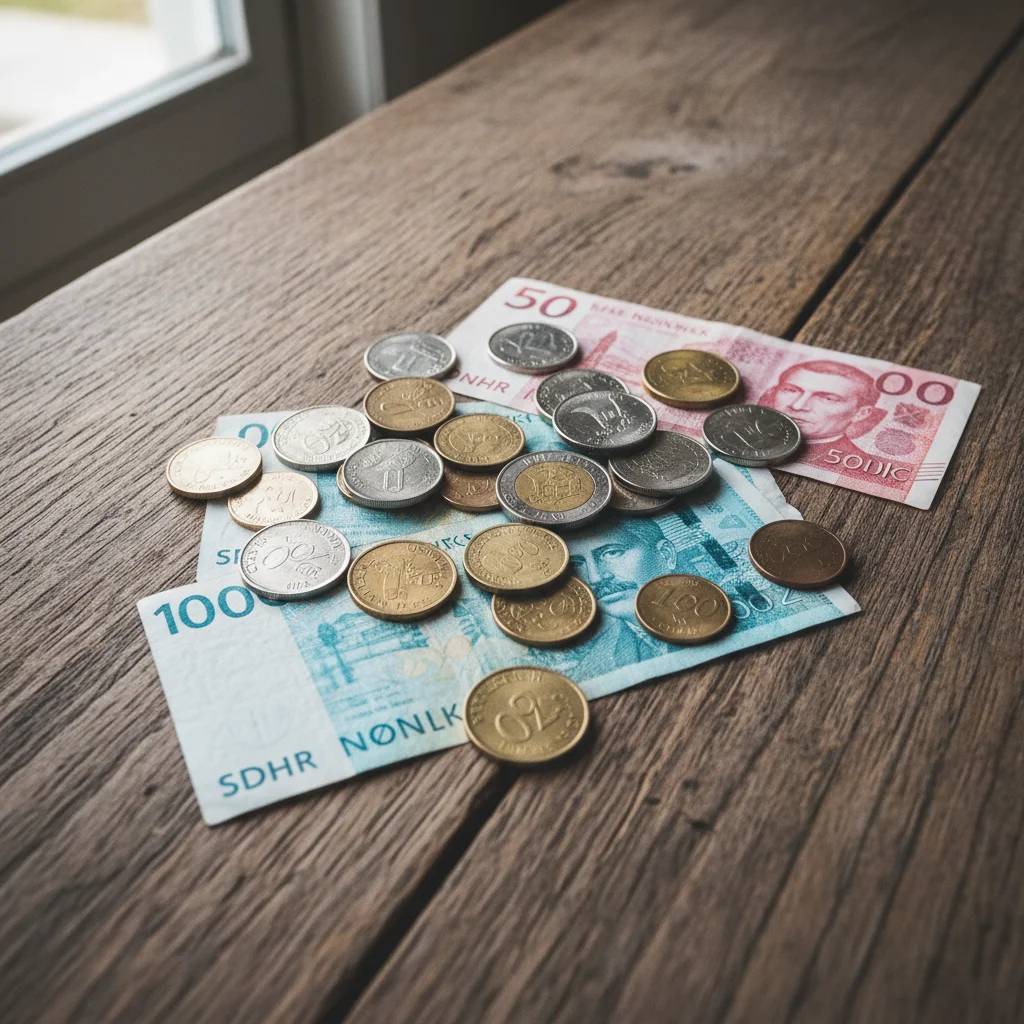 Verschiedene skandinavische Münzen und Banknoten auf einem Holztisch