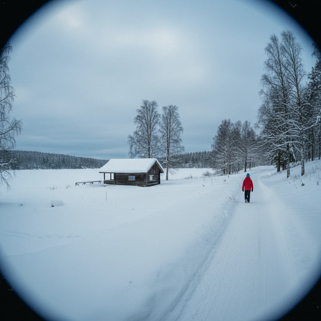 Finnischer Zug fährt durch verschneite Winterlandschaft