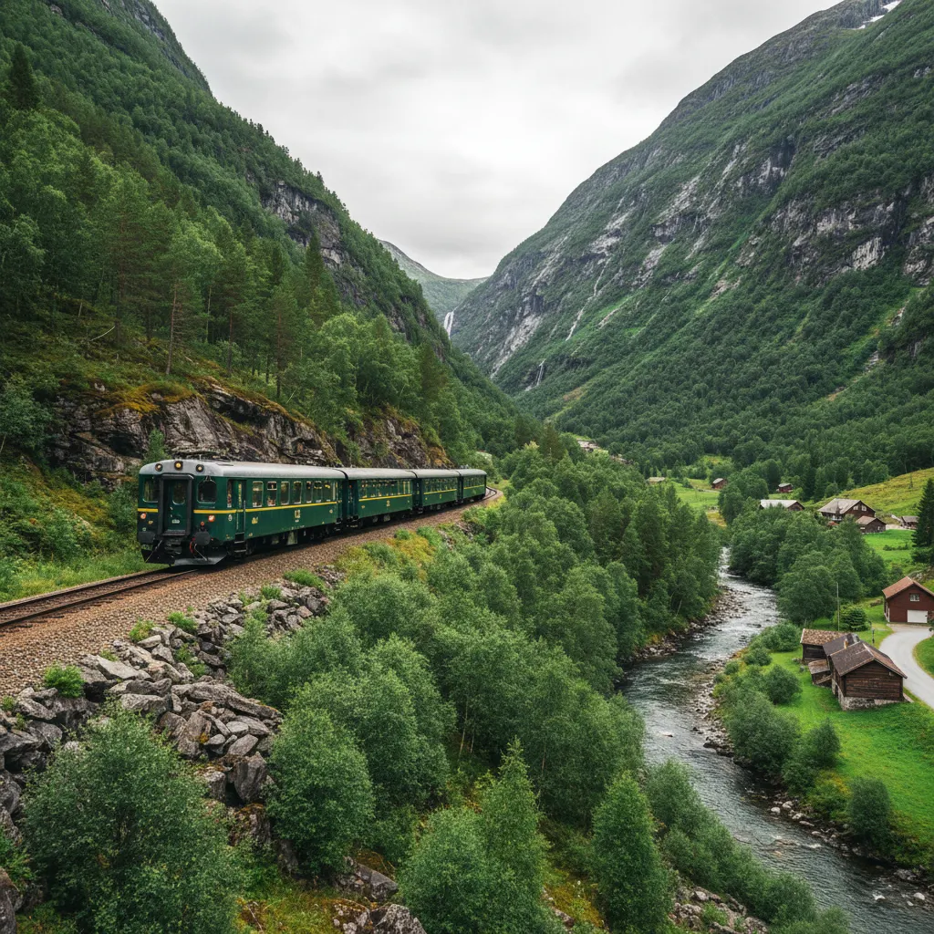 Die Flåmsbahn schlängelt sich durch das grüne Flåmsdalen