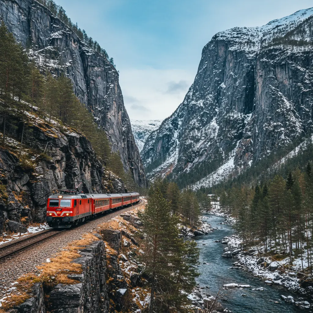 Die Raumabahn fährt durch das Romsdalen mit steilen Felswänden