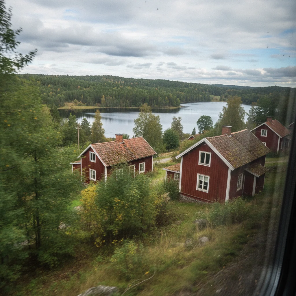 Blick aus dem Zugfenster auf die schwedische Landschaft mit Seen und Birkenwald