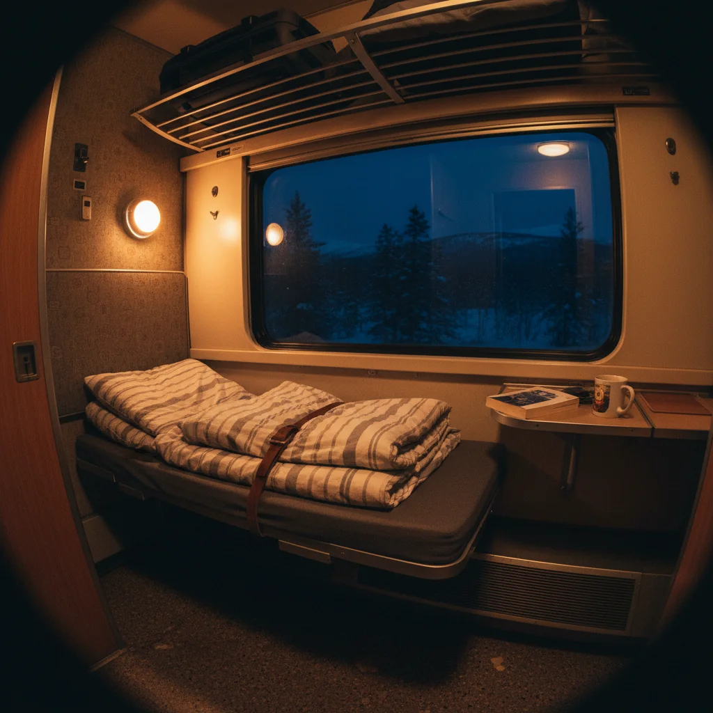 Schlafwagenabteil im schwedischen Nachtzug mit Bett und Fensterblick auf verschneite Landschaft